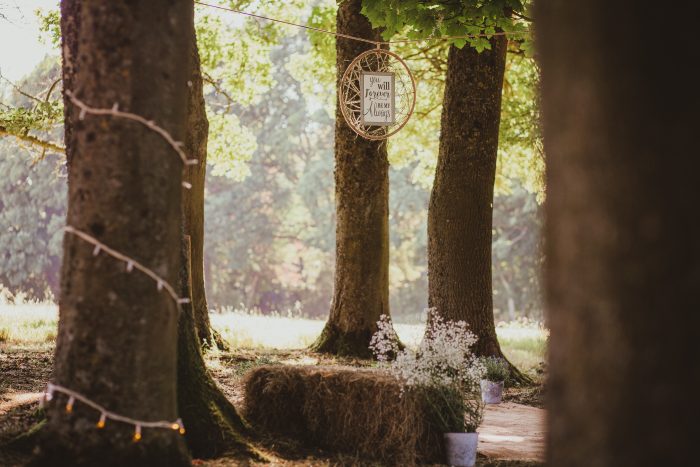 woodland ceremony area at boho wedding, Dummer Down Farm