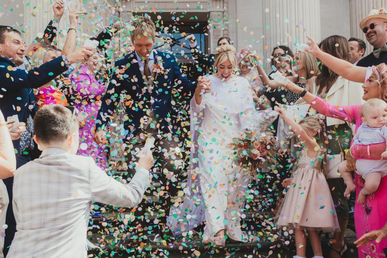 Wedding Confetti on the steps of Old Marylebone Town Hall