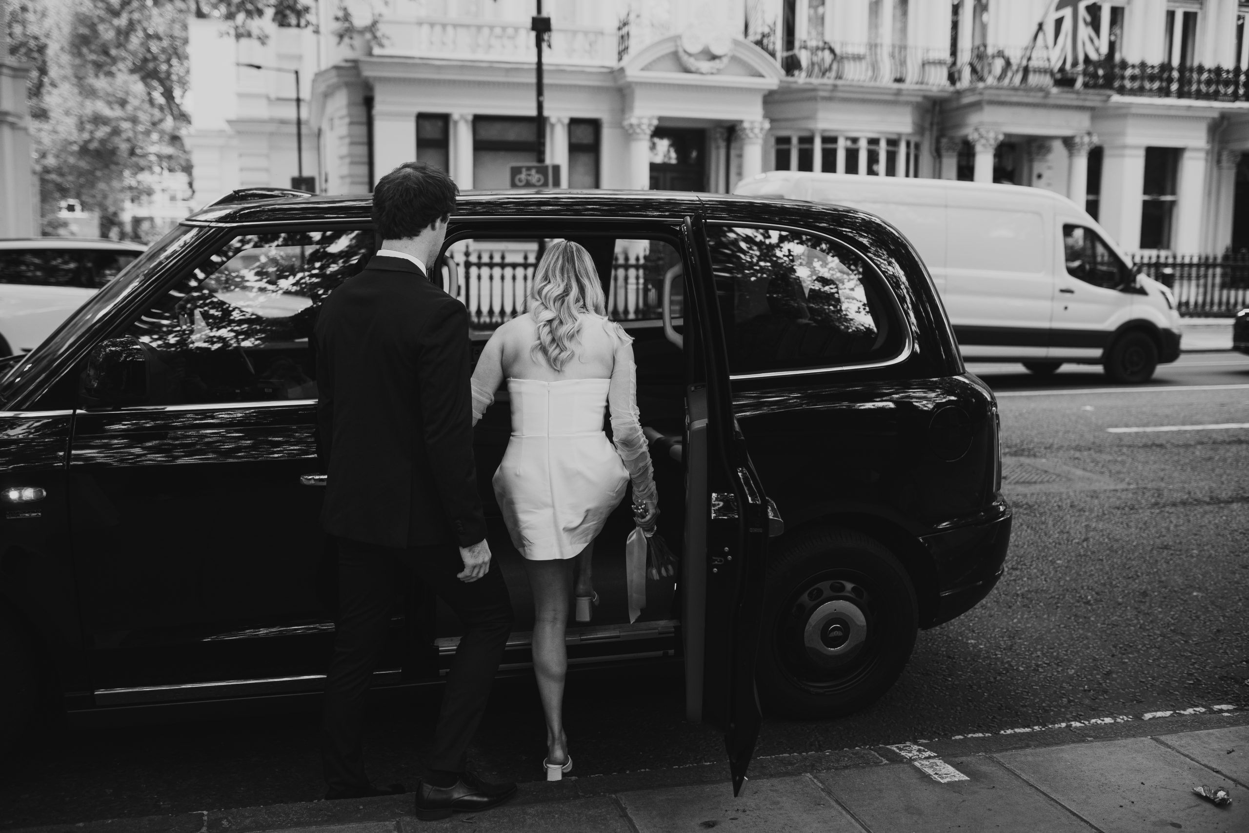 Black cab in London, transport detail from bride and groom's elopement