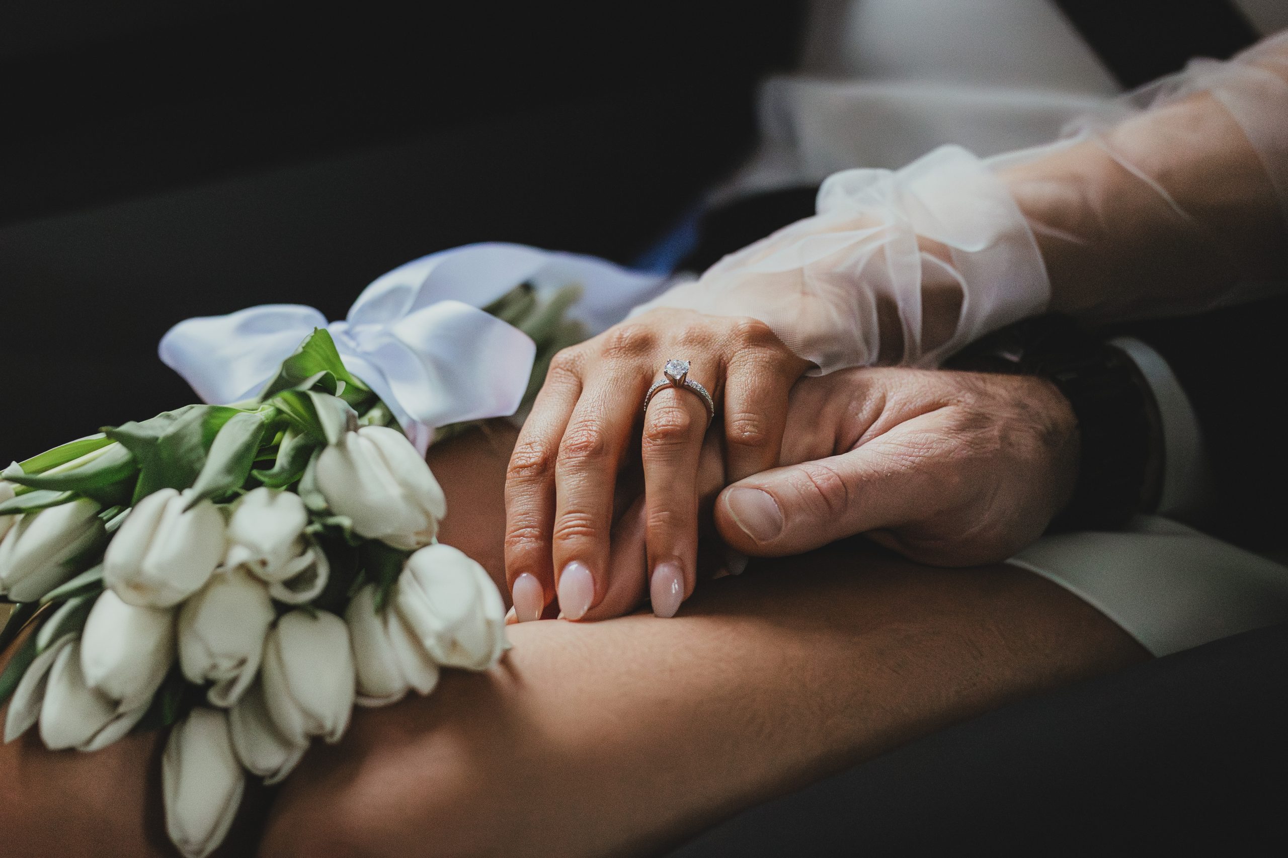 Close-up of wedding rings and hands, London elopement details