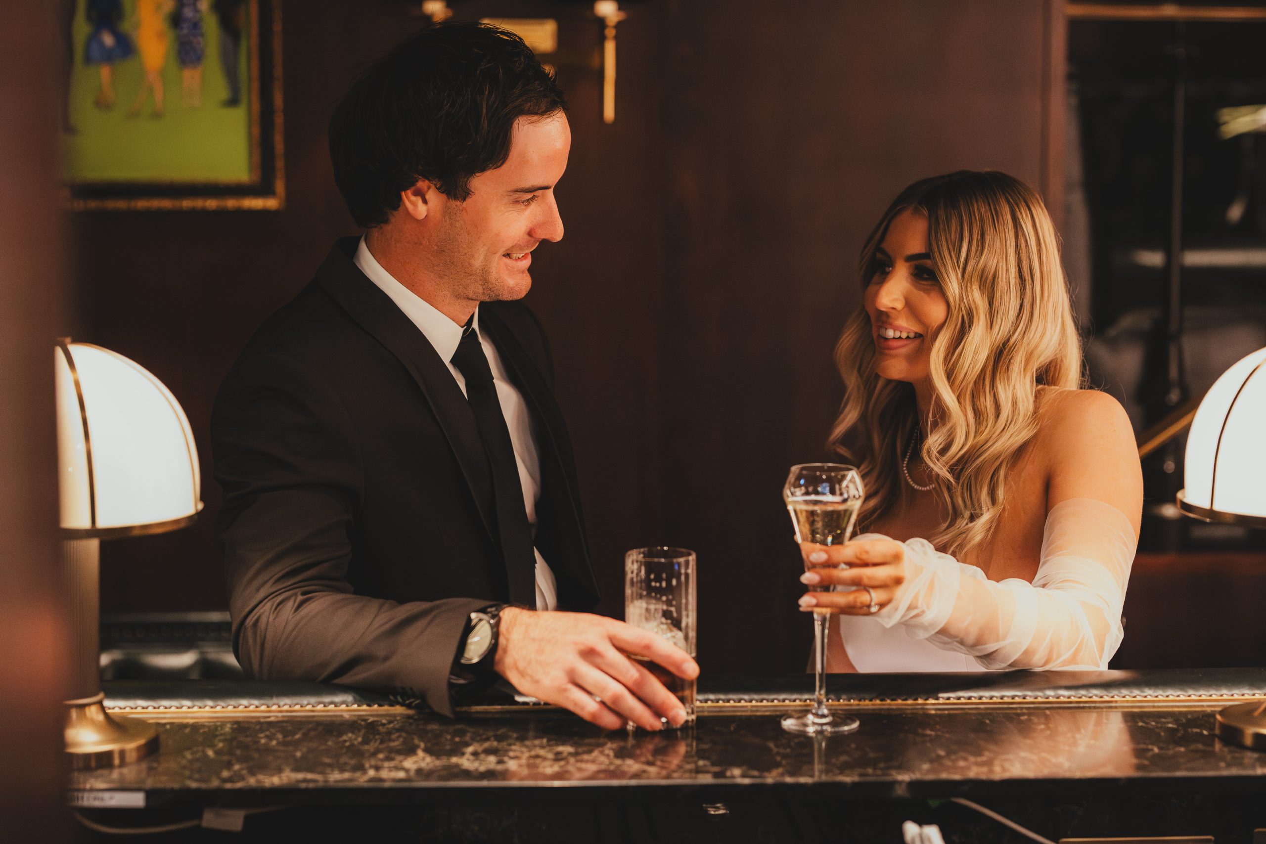 Wedding drinks and candlelit bar details, London elopement celebration