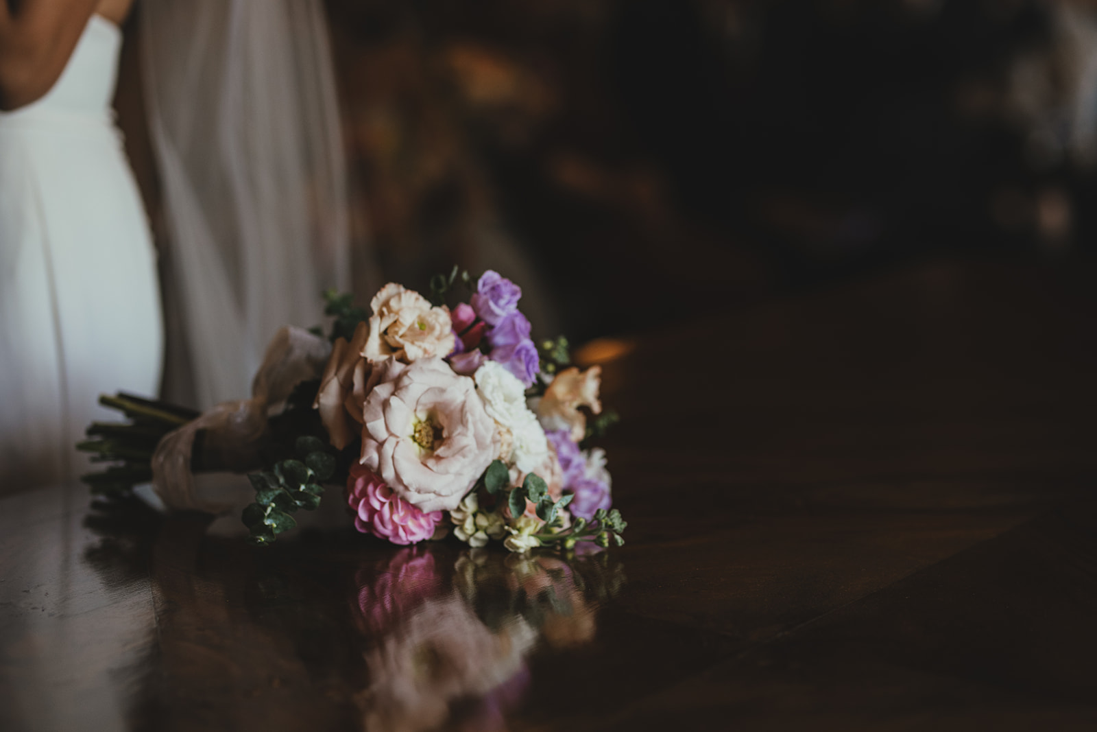 Close-up of wedding bouquet during ceremony at Old Marylebone Town Hall, London