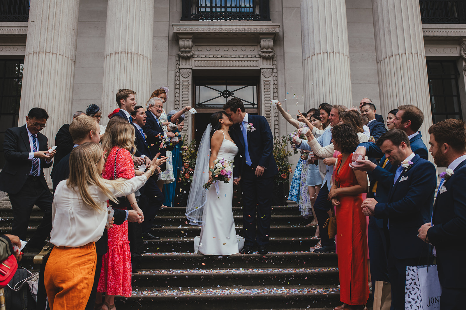 Confetti moment on the steps at Old Marylebone Town Hall