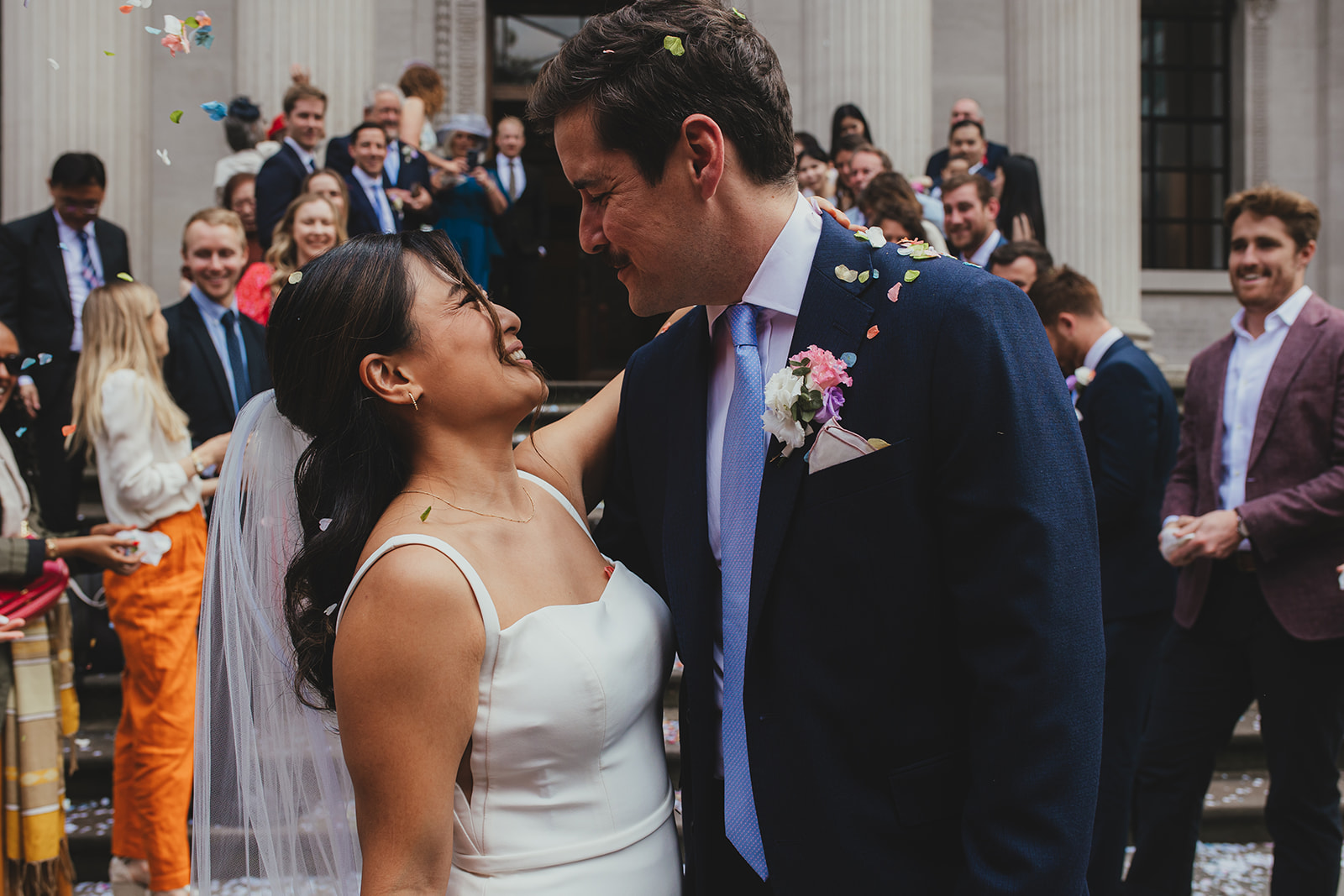 Confetti moment on the steps at Old Marylebone Town Hall