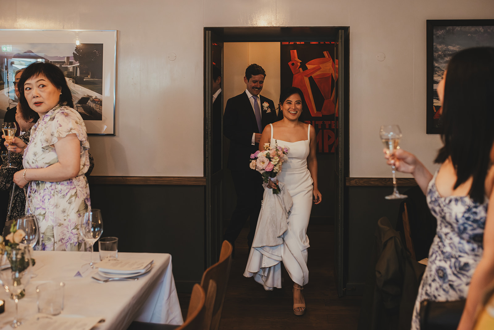 Bride and Groom arriving at wedding reception at The Italian Greyhound, London