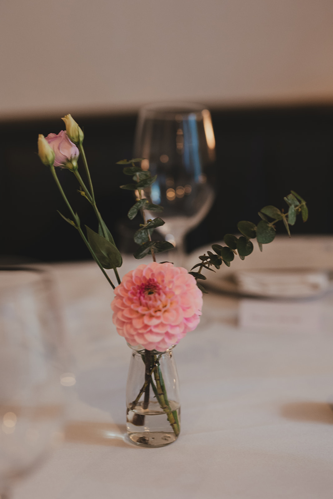 Flower detail on the table at wedding reception at The Italian Greyhound, Marylebone