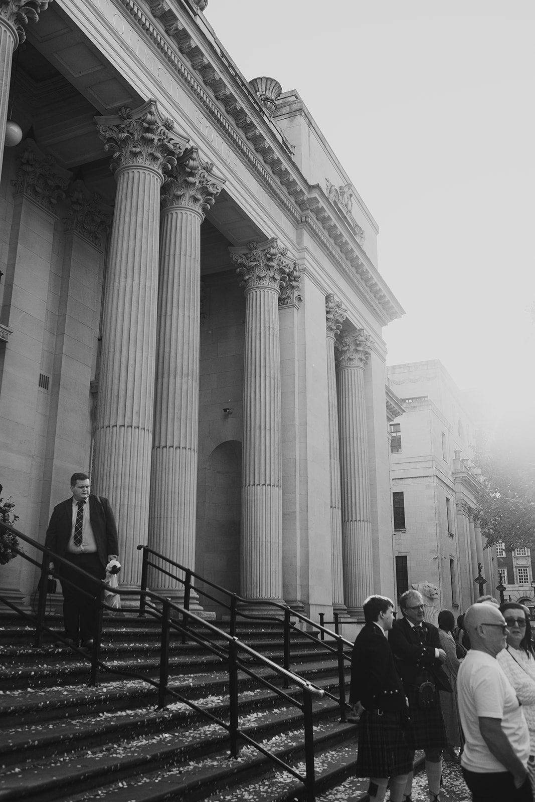 Black and white exterior of Old Marylebone Town Hall columns in London