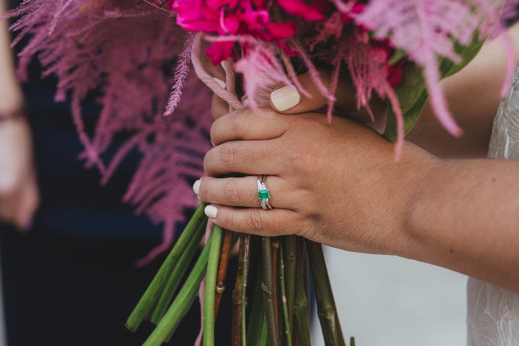 Lambeth Town Hall wedding ceremony in the Olive Morris Suite, bouquet and engagement ring detail