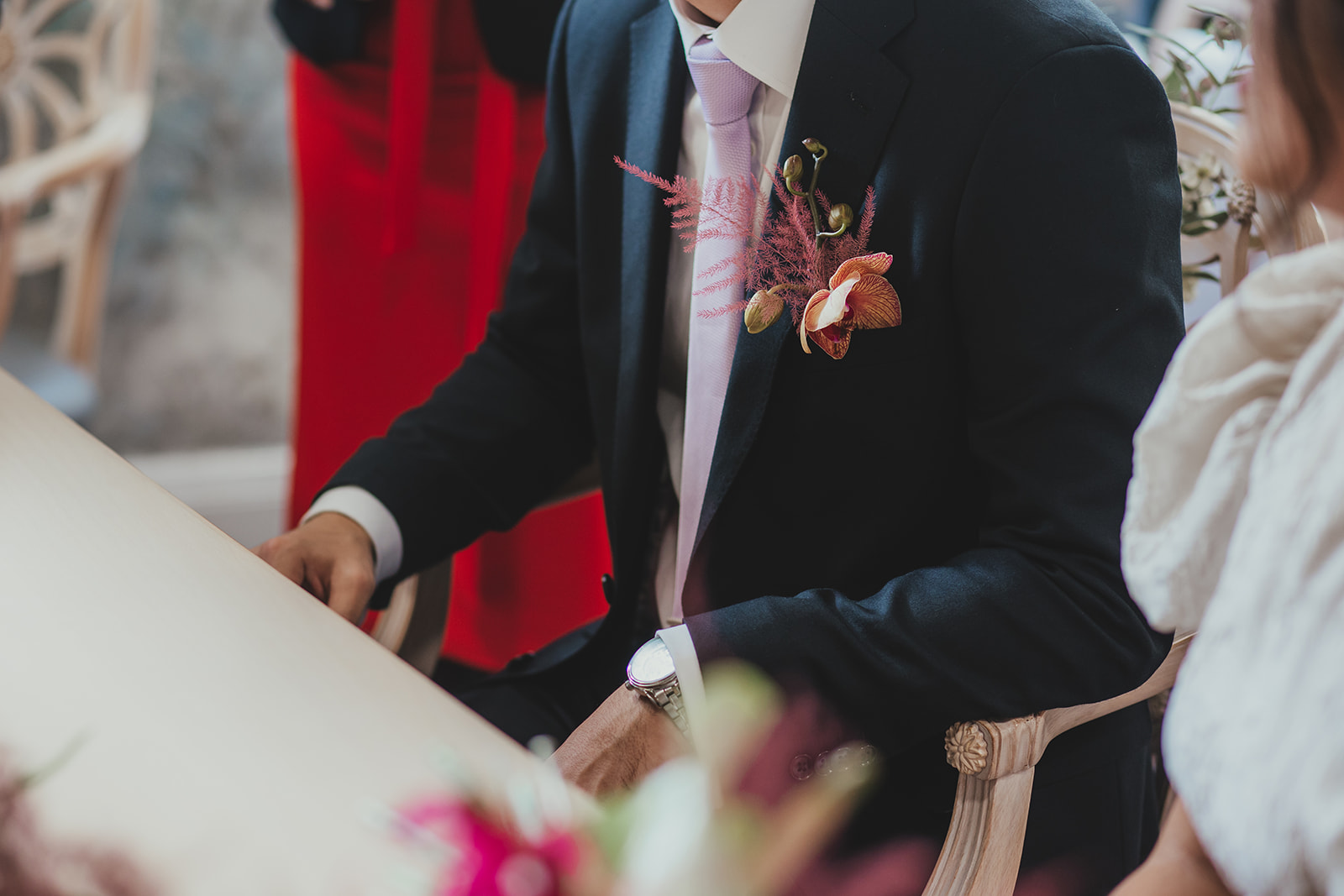 Lambeth Town Hall wedding ceremony in the Olive Morris Suite, detail of groom's button hole