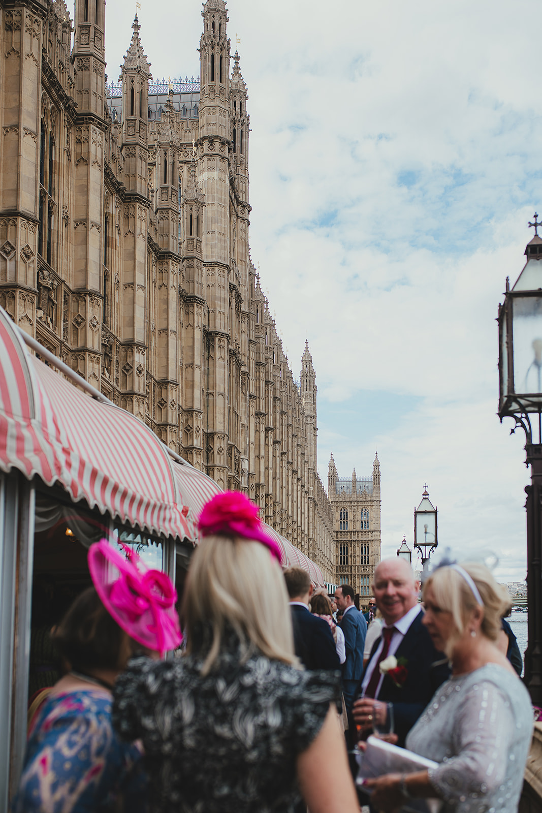 Wedding guests on the balcony of the Palace of Westminster, London