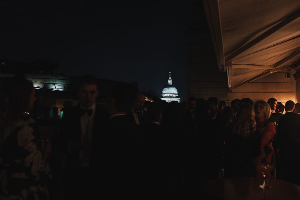 London winter wedding portraits with skyline backdrop