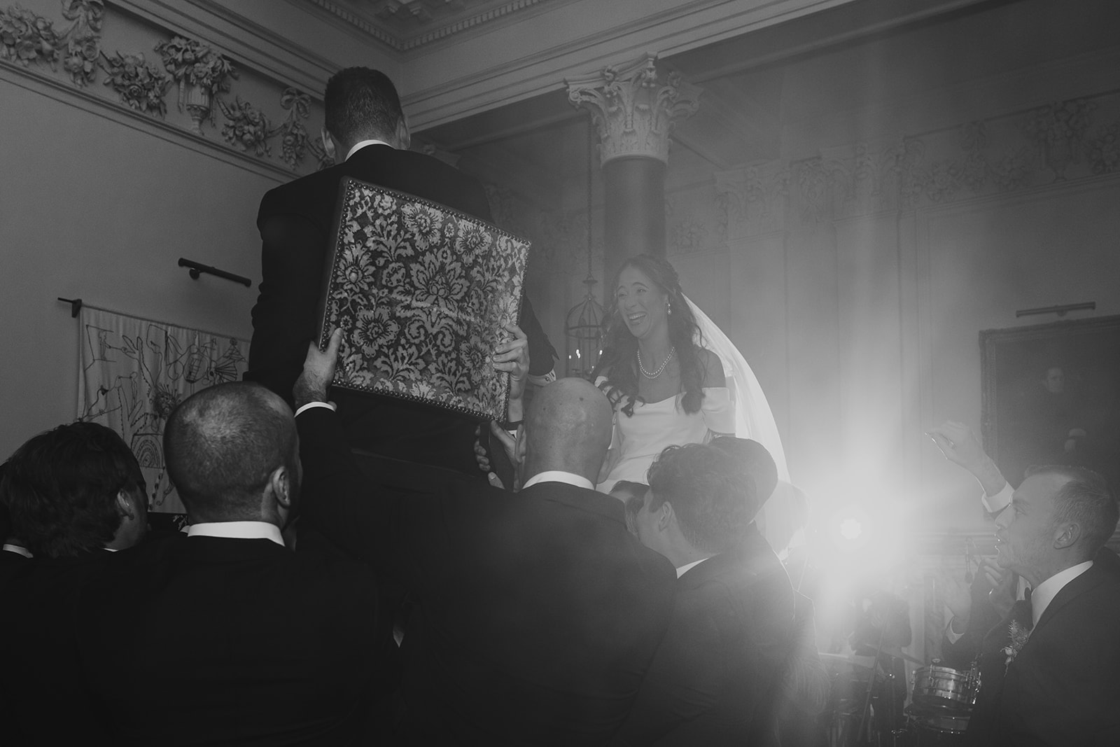 London winter wedding portraits with skyline backdrop