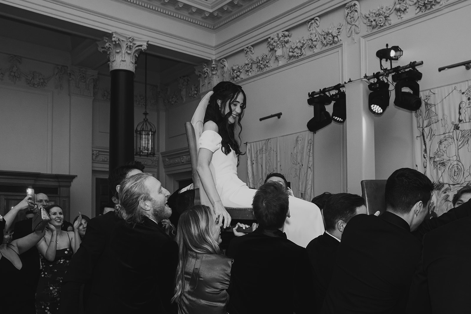 London winter wedding portraits with skyline backdrop