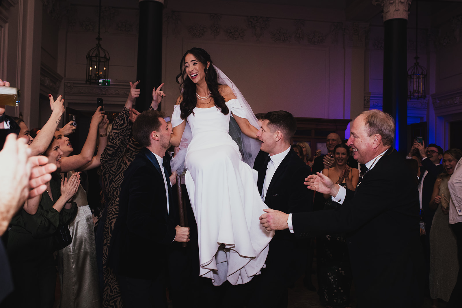 London winter wedding portraits with skyline backdrop