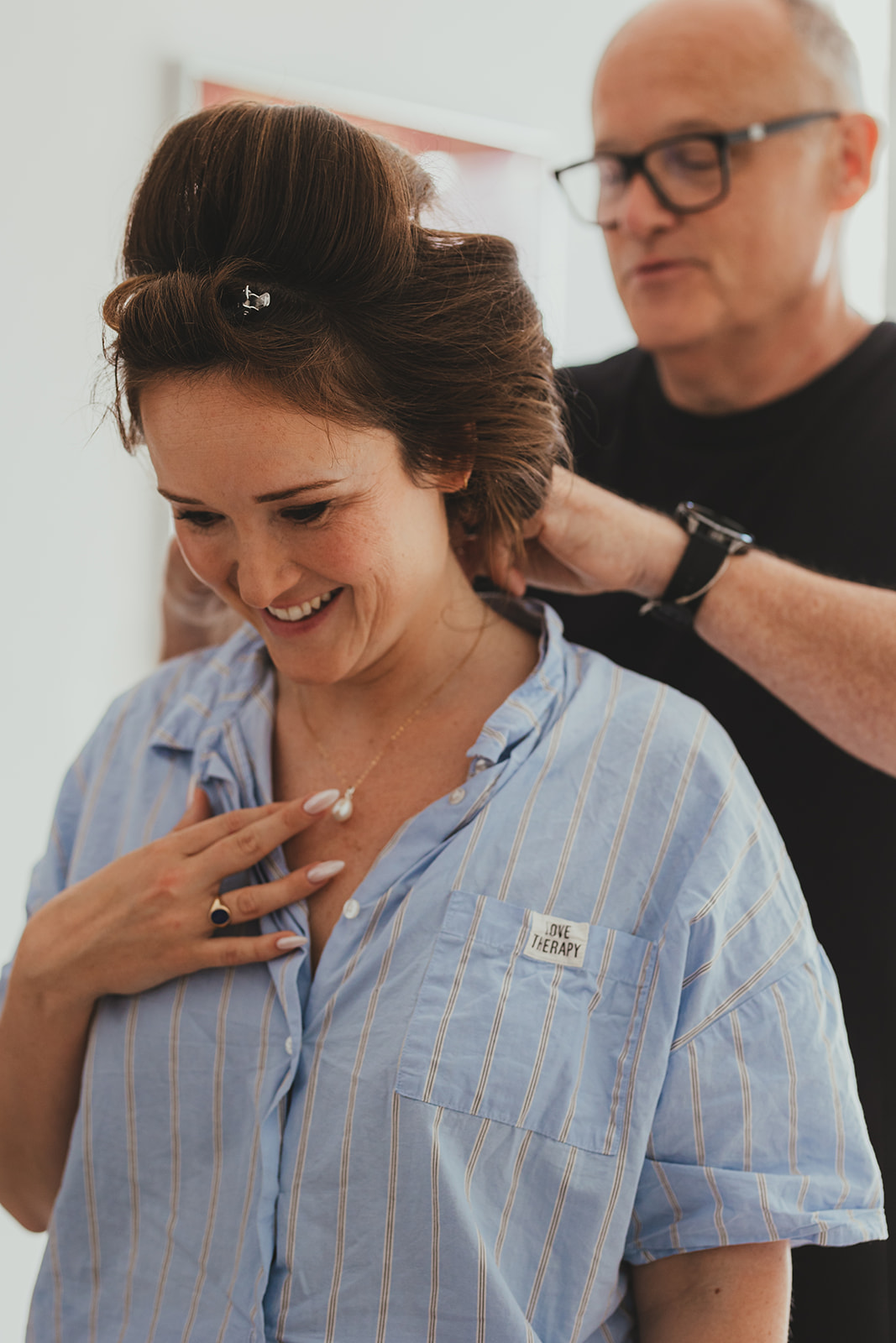 Bride getting ready, Father of bride putting necklace on, London wedding, Islington Town Hall wedding