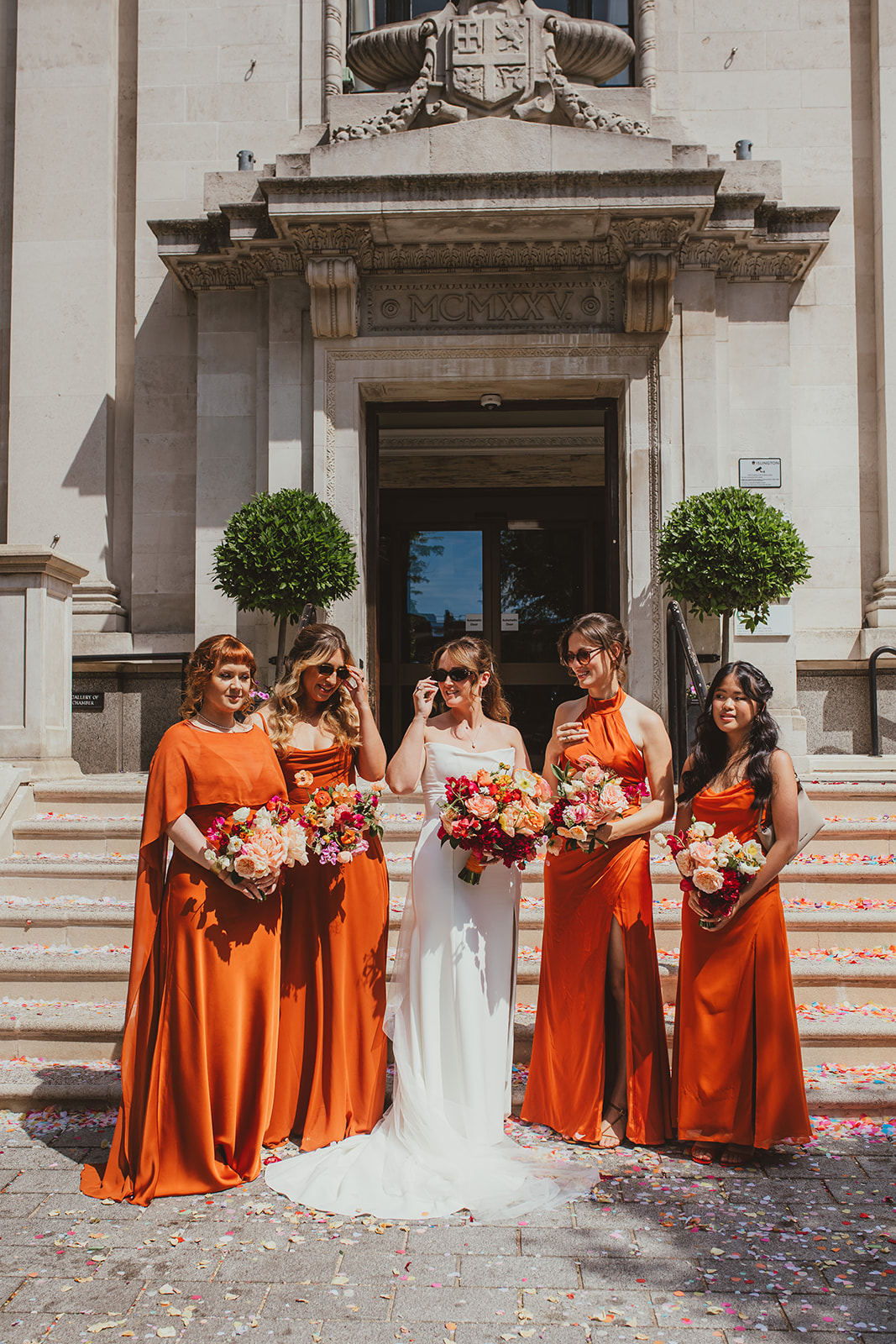 Bridal party group photo outside Islington Town Hall, London wedding, Islington Town Hall