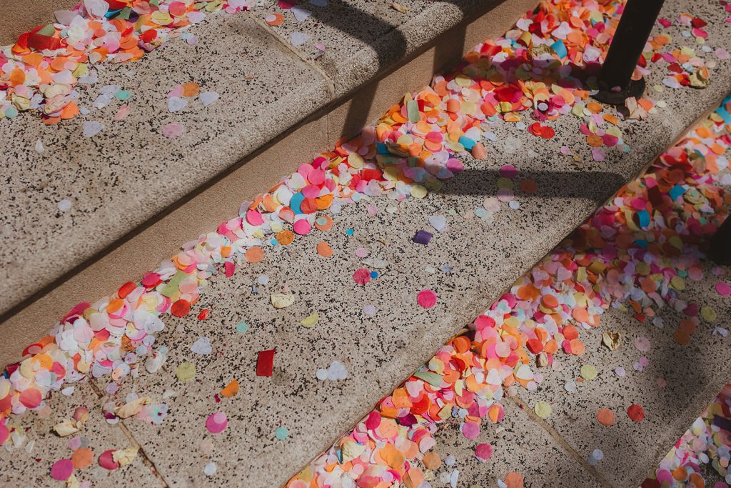 Confetti on the steps of Islington Town Hall