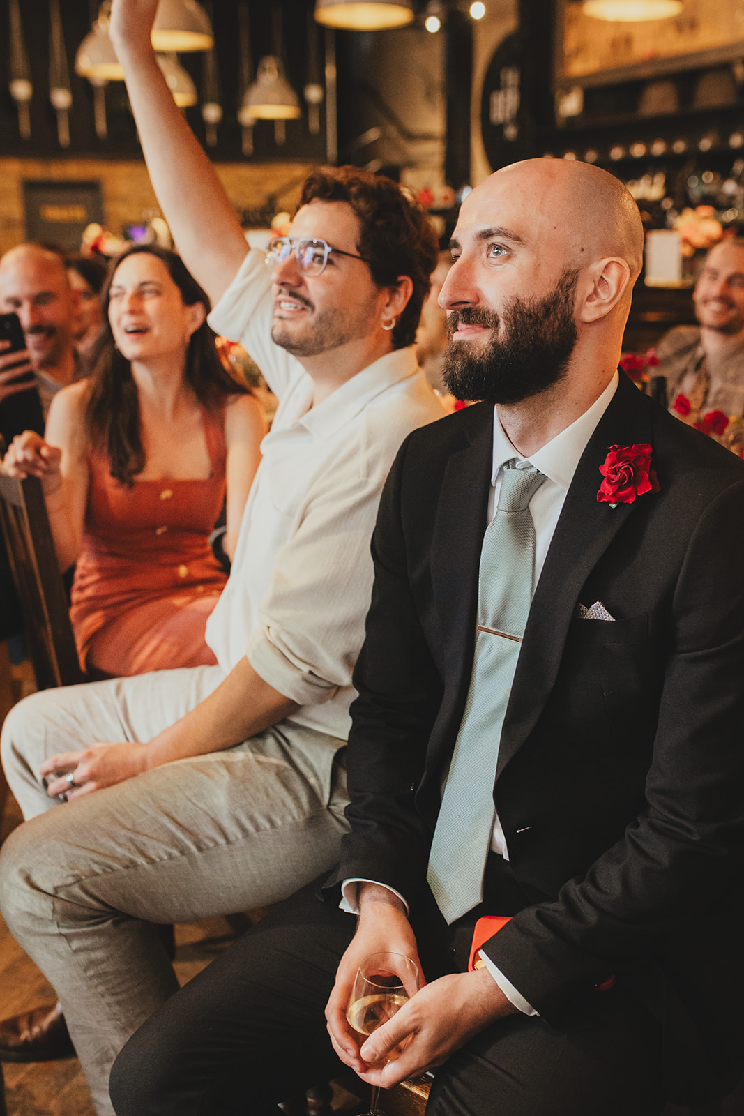 Guests receptions during speeches at wedding reception at The Depot N7, London wedding
