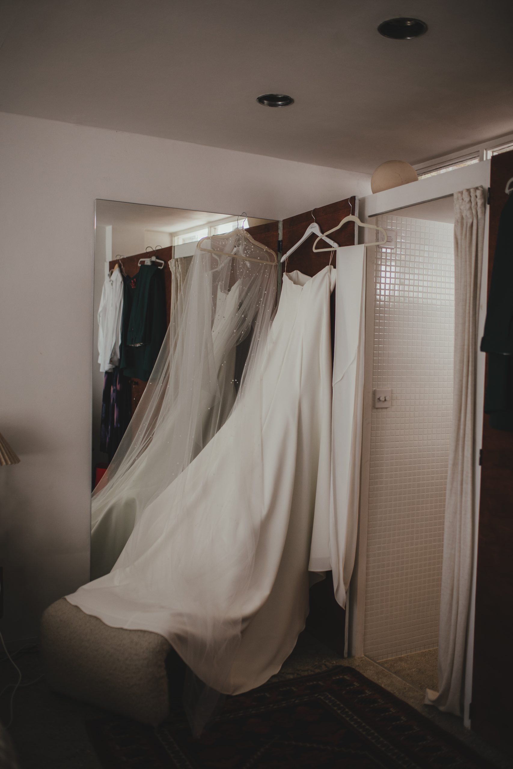 Wedding dress hanging up, Wedding morning, London wedding, Islington Town Hall wedding