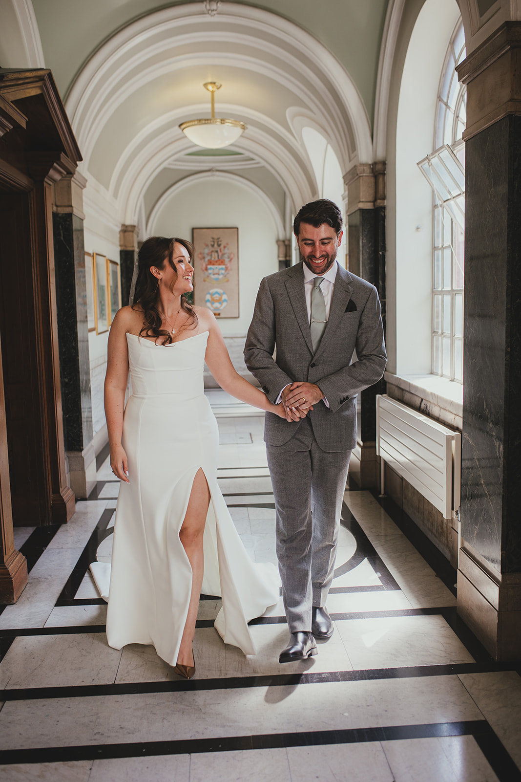 Couple portraits inside Islington Town Hall, London wedding
