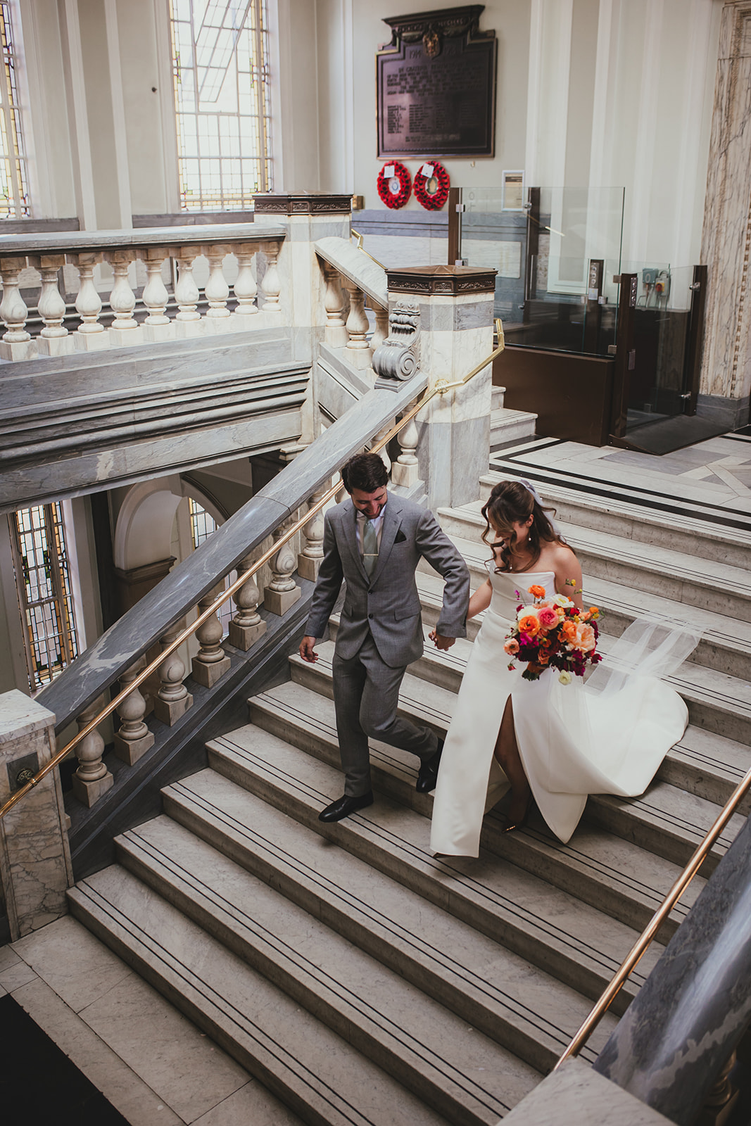 Couple portraits inside Islington Town Hall, London wedding