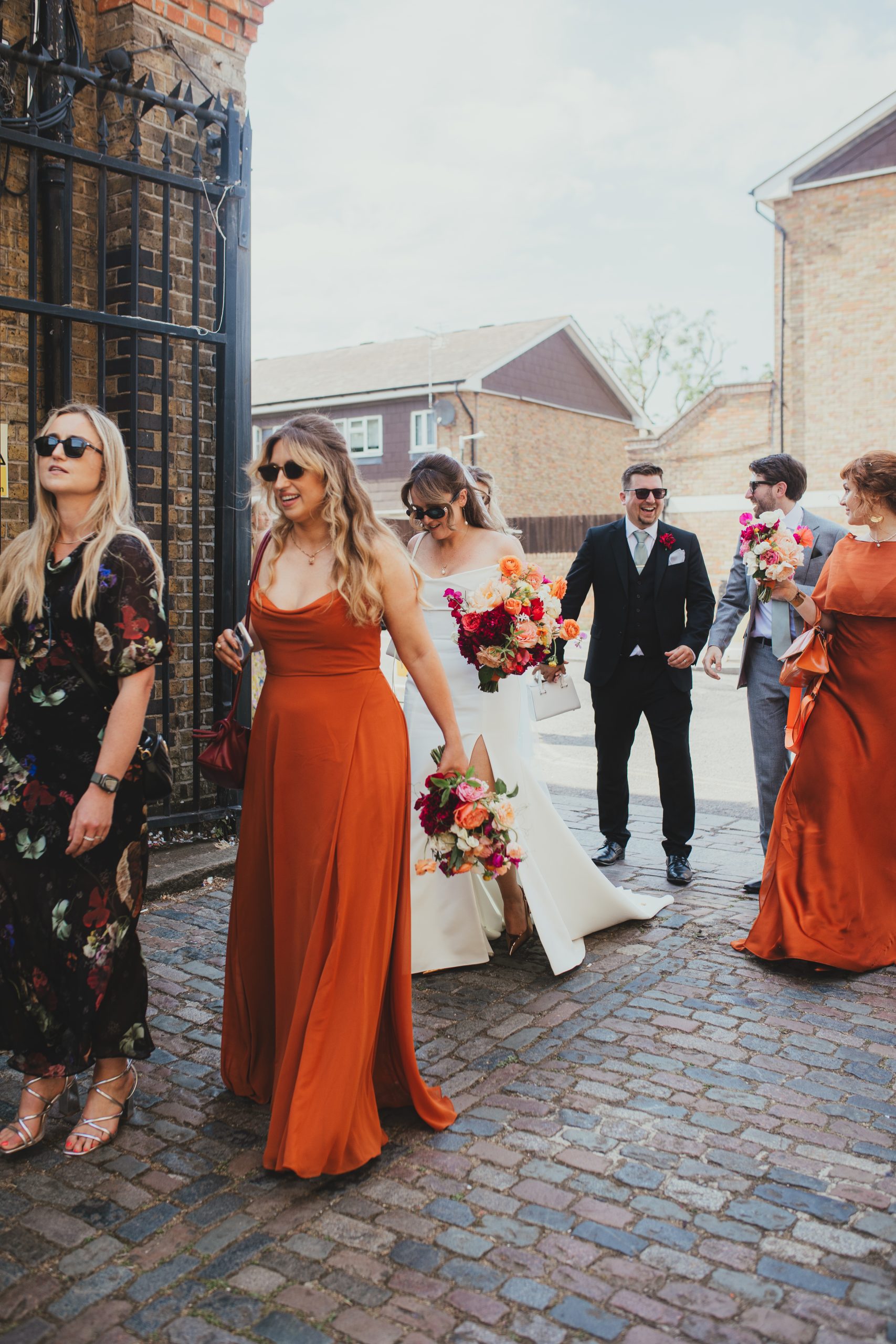 Bridal party arriving at The Depot N7 wedding reception, London wedding