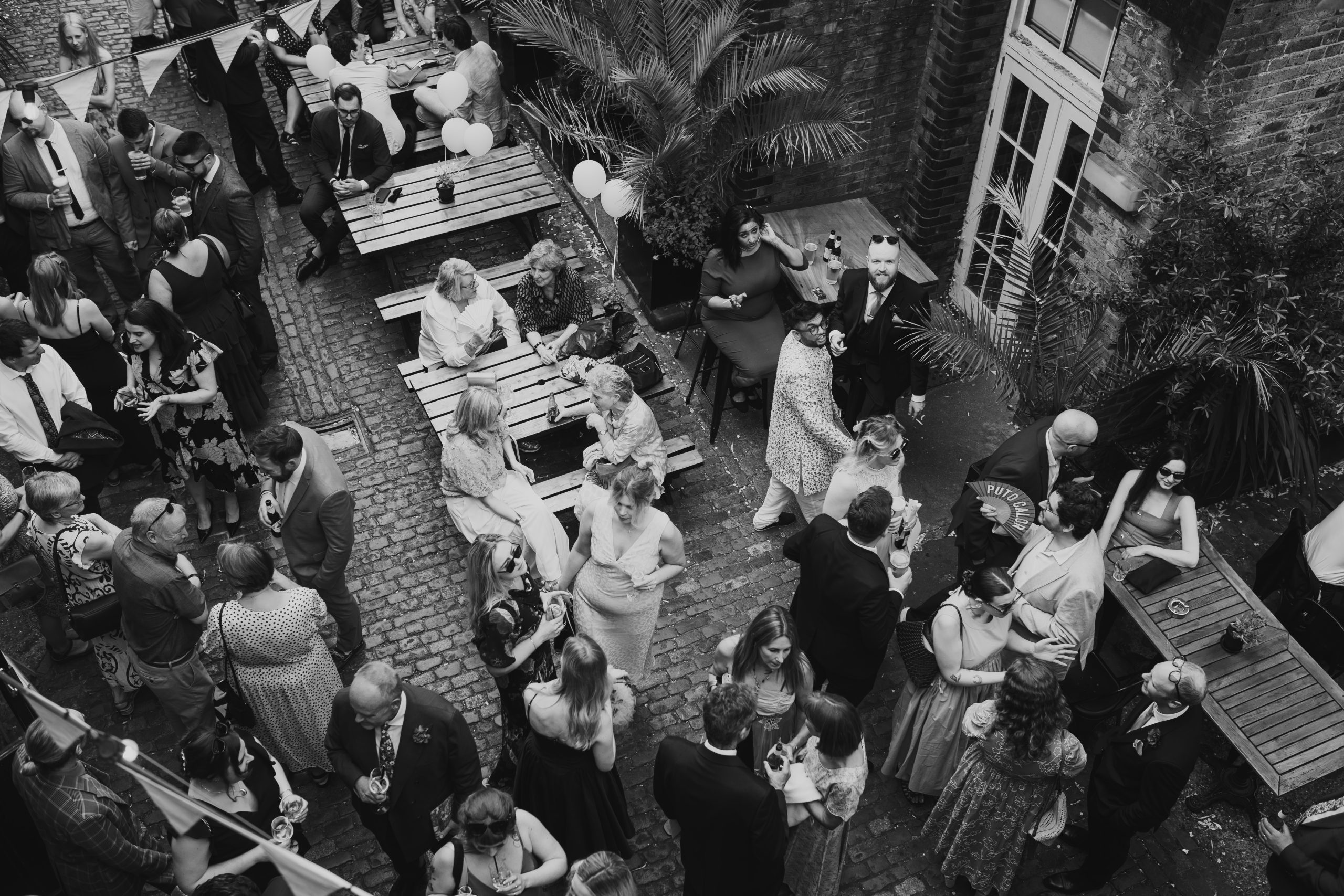 The Depot N7 Wedding reception, Courtyard of wedding guests, London wedding