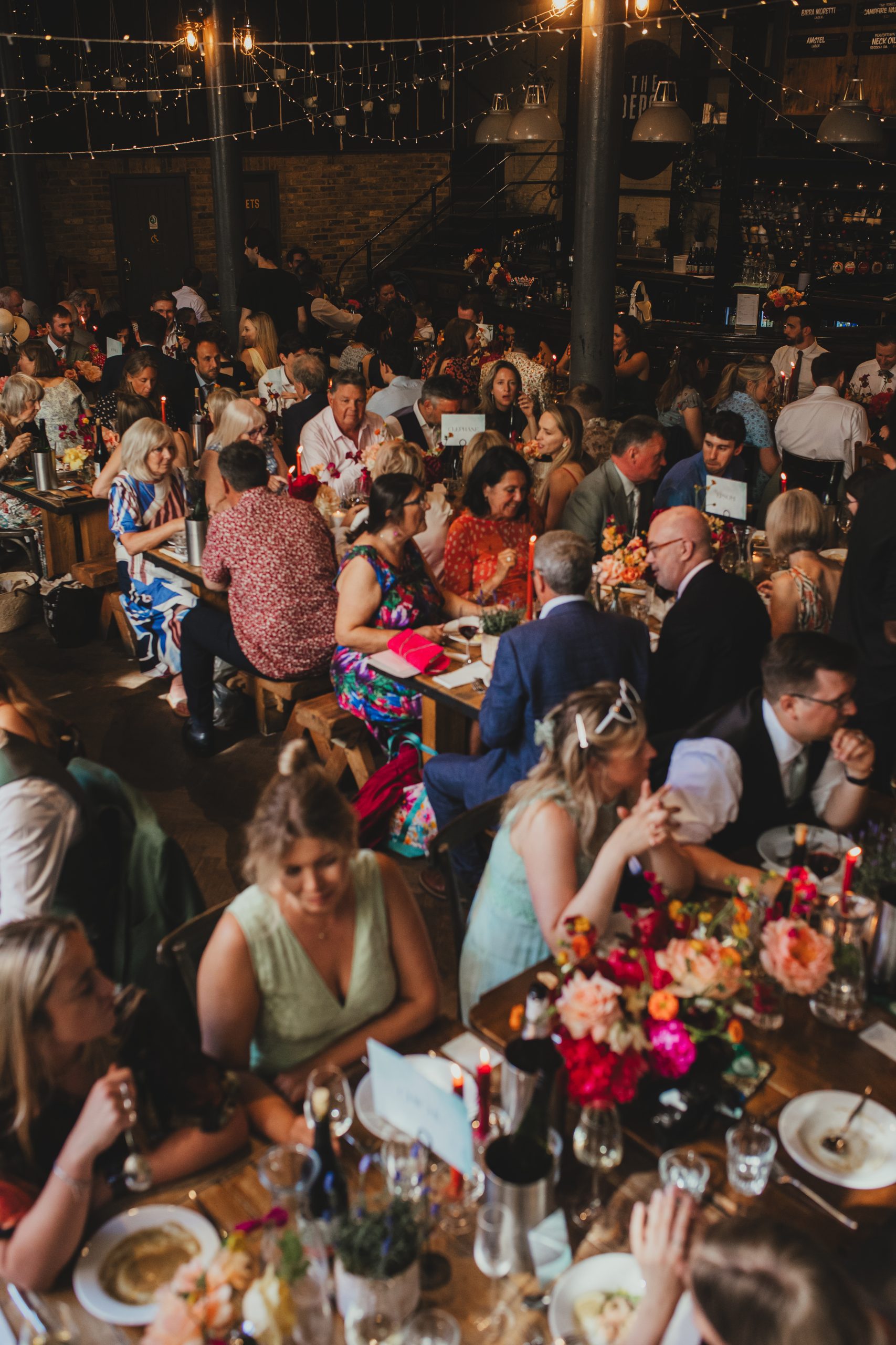 Wedding guests dining at The Depot N7, London wedding