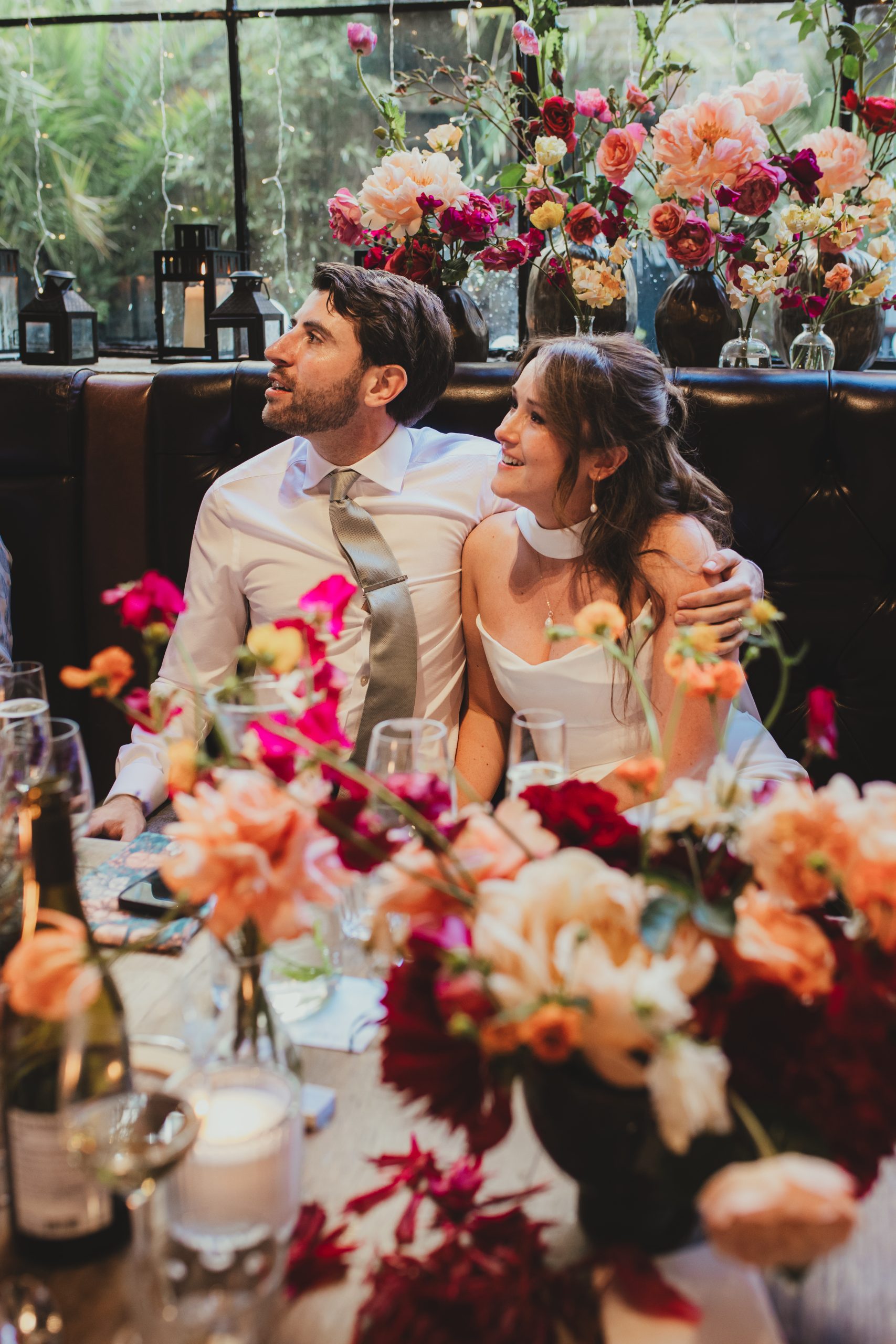 Bride and Groom reactions during wedding speeches, The Depot N7 wedding reception, London wedding
