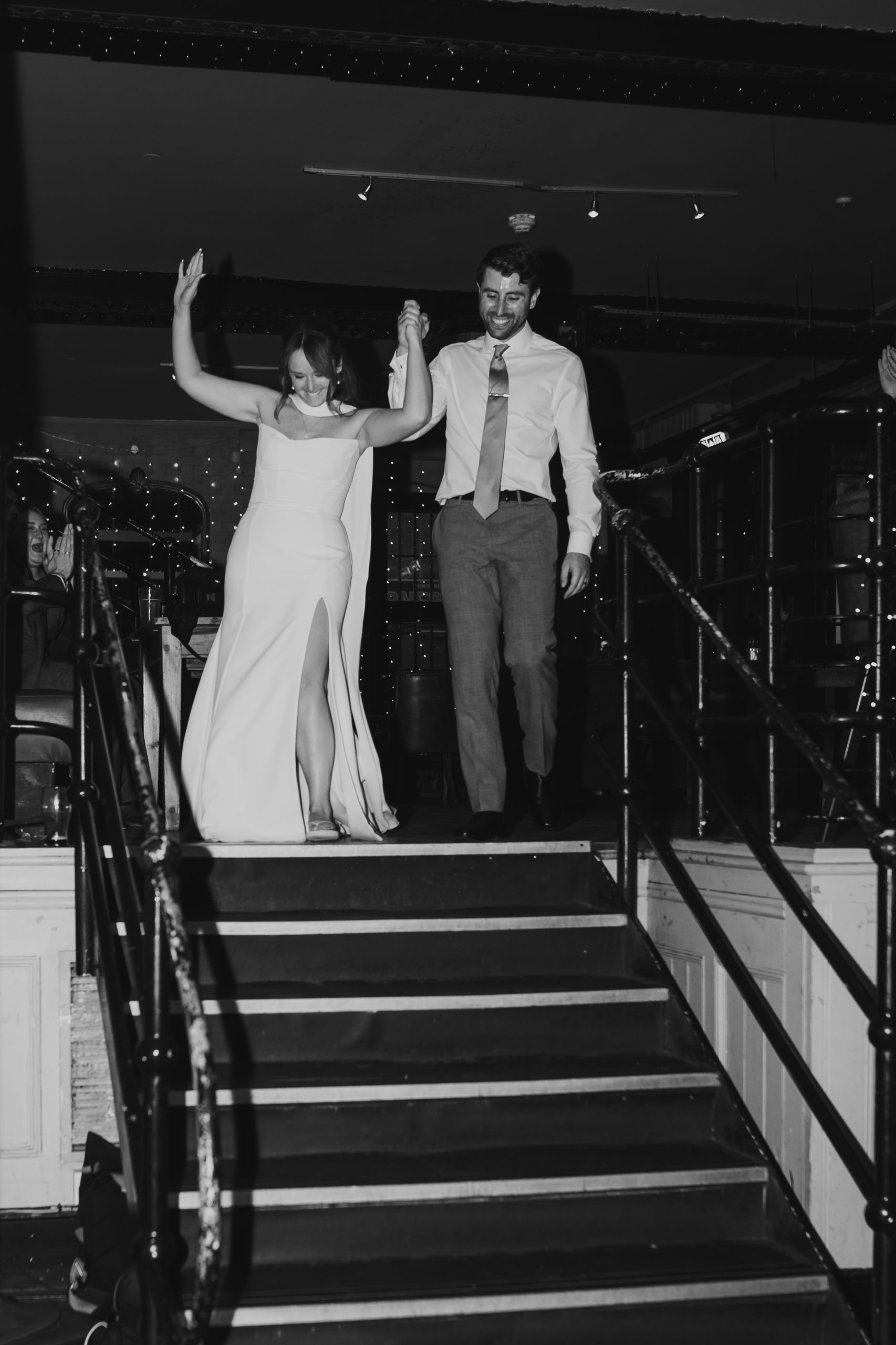 Bride and Groom coming fro first dance, London wedding, The Depot N7 wedding reception