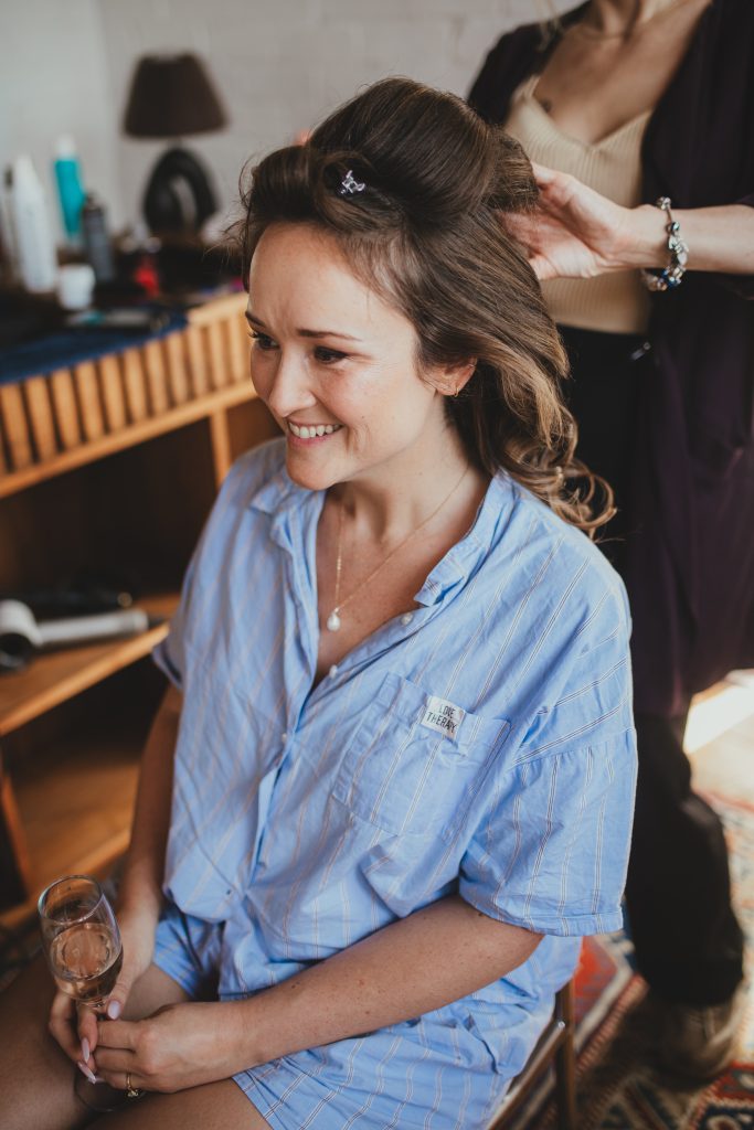 Bride getting her hair and makeup done, Morning preparations, London wedding, Islington Town Hall wedding