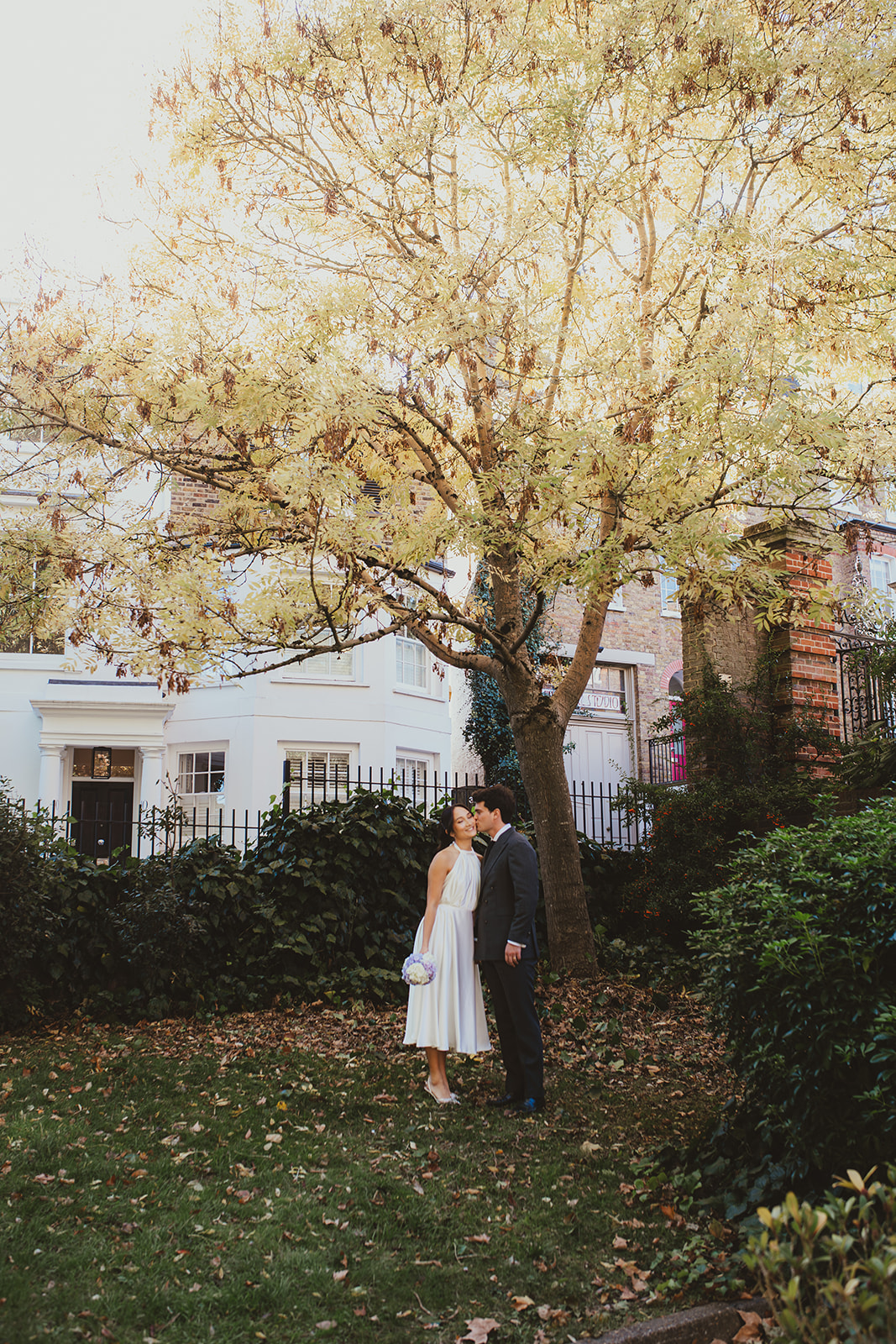 Bride and groom kissing under a golden leaved tree in Hampstead Heath in Autumn